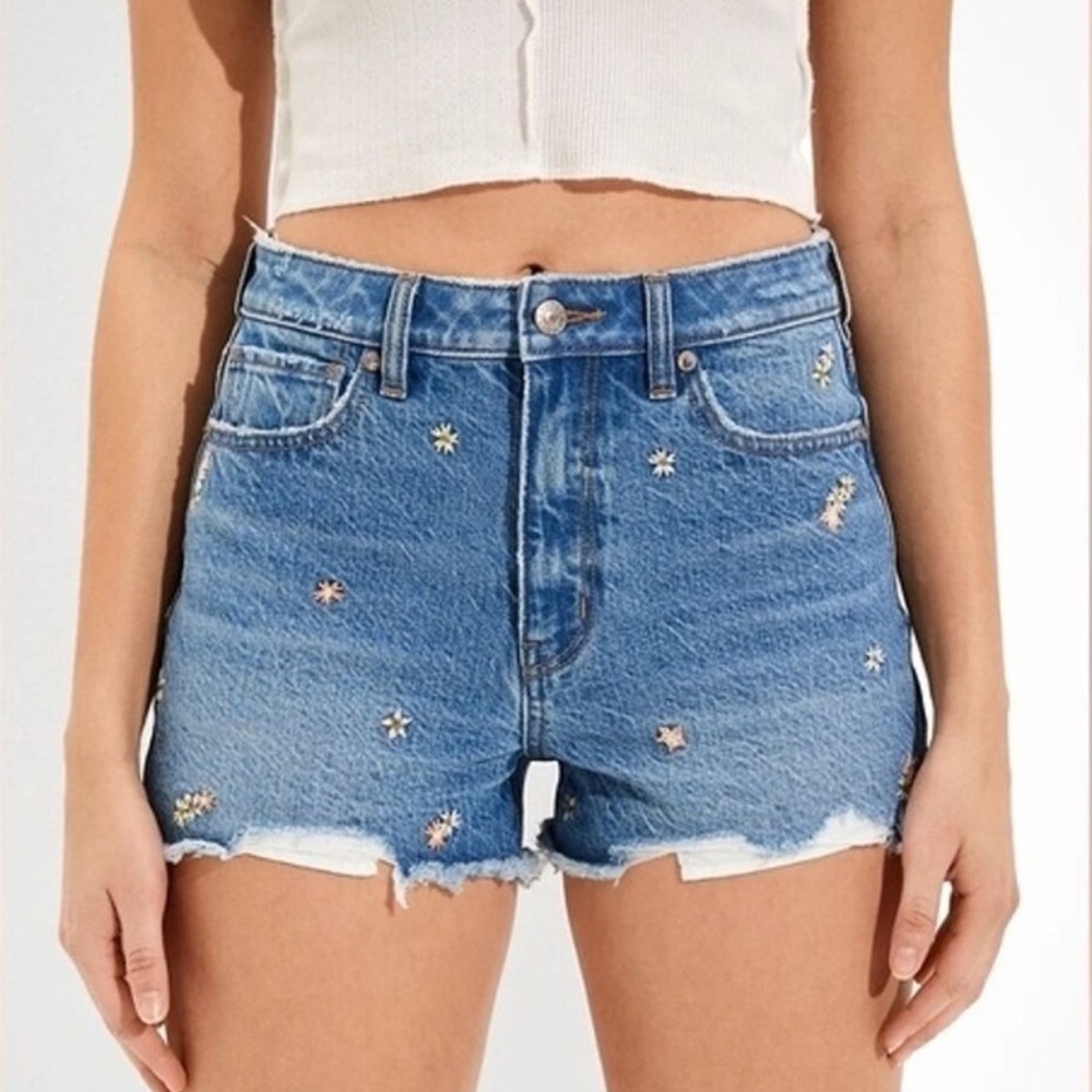 American Eagle Floral Embroidered Blue Denim Shorts